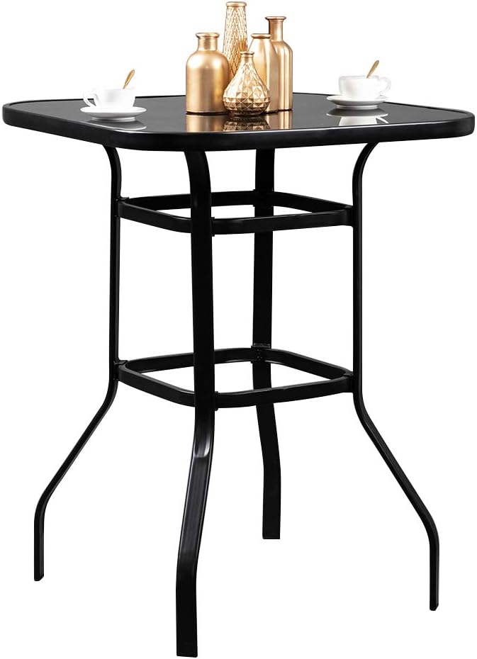 VINGLI 32" Outdoor Patio Bar Height Table, Square Tempered Glass Metal T...