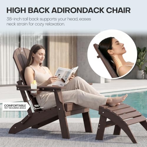 HDPE Folding Adirondack Chair with Cup Holder, Coffee