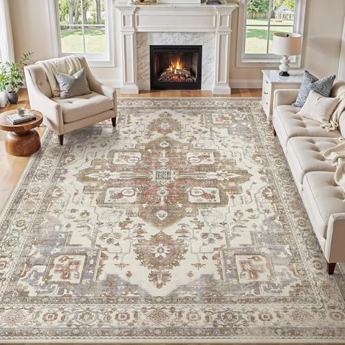 Vintage Washable 9x12 Area Rug for Living Room, Golden Taupe