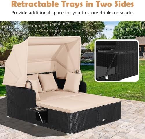 Moccha Outdoor Daybed with Retractable Canopy, Wicker Cabana with 2 Side Tabl...