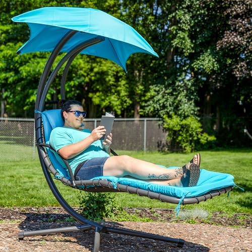 Sunnydaze Floating Chaise Lounger Swing Chair with Umbrella Canopy - Curved S...