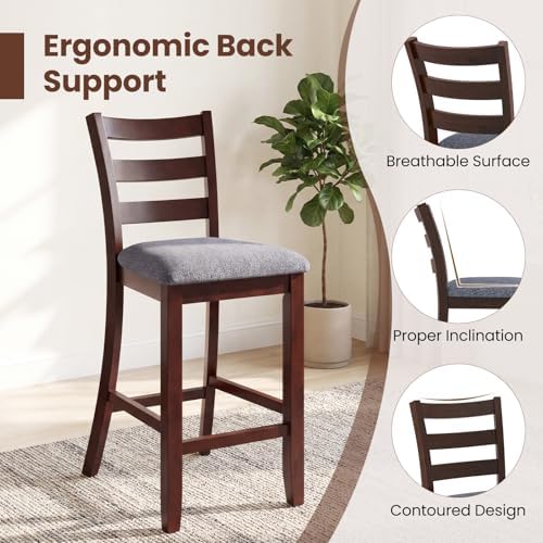 COSTWAY Set of 2 Counter Height Bar Stools with Solid Rubber Wood Frame