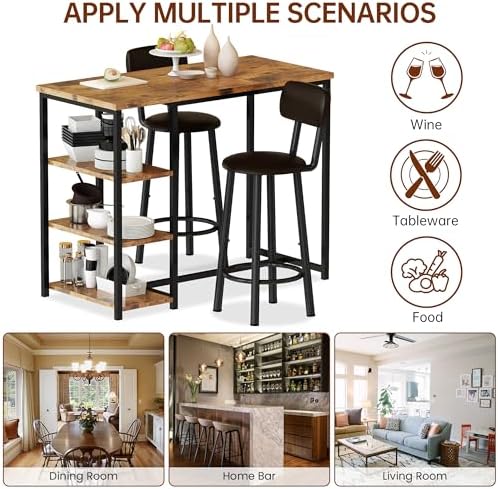 Recaceik Pub Dining Table Set for 2, Table and Bar Stools with 3 Storage Shel...