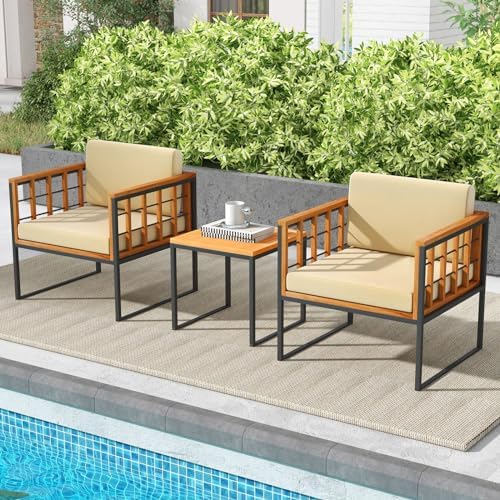 Tangkula 3 Pieces Patio Chair Set, Acacia Wood Outdoor Sofa Set with Metal Su...
