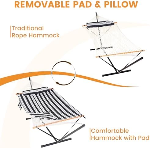 Lazy Daze Rope Hammock with Stand and Pad for Outside, Black White