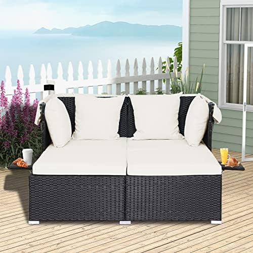 Moccha Outdoor Daybed with Retractable Canopy, Wicker Cabana with 2 Side Tabl...