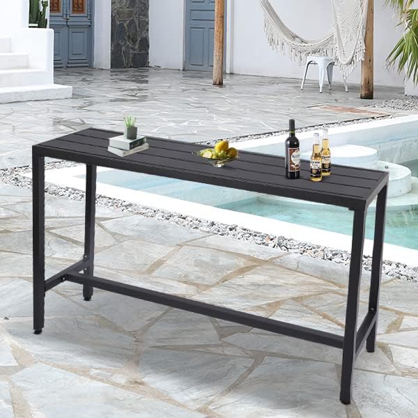 Outdoor Bar Table, Patio Console Pub Height Table with Powder Coated Steel Fr...