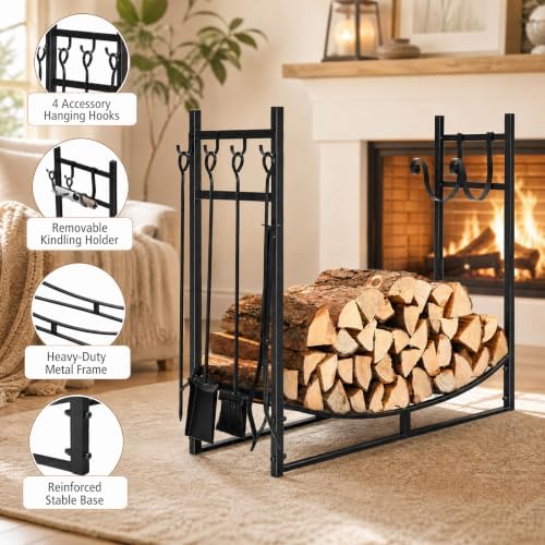 Goplus Firewood Rack Indoor, 36” Firewood Holder with 4- Piece Fireplace Tool...