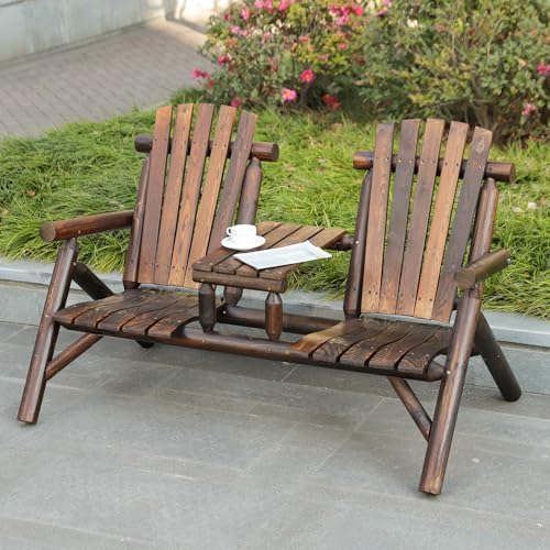 HOMEDIARY 2-Seat Wooden Adirondack Chair, Outdoor Log Patio Loveseat with Bui...
