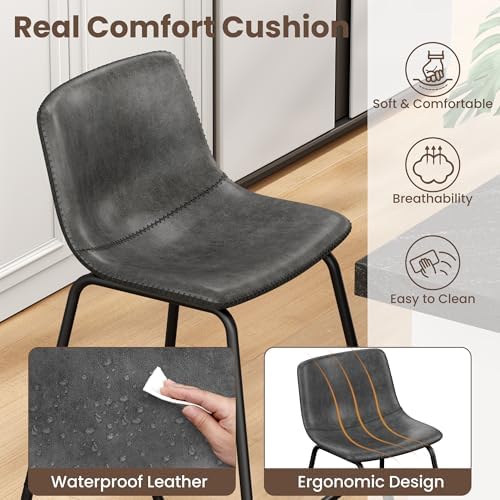 REONEY Bar Stools Set of 3, 26" Urban Faux Leather Counter Stools, Grey