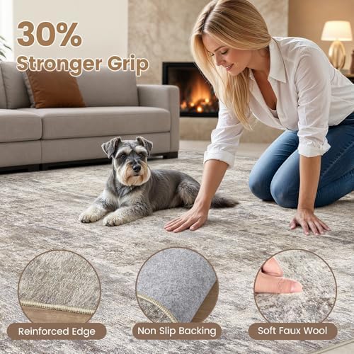 cotiled 8x10 Area Rug for Living Room, Abstract Washable Carpet, Brown Grey