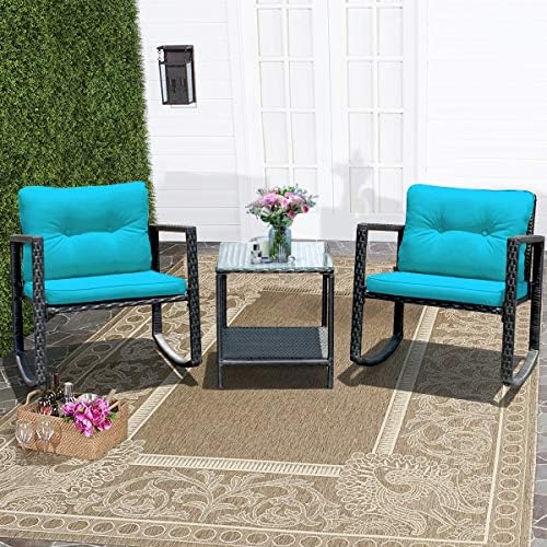 Tangkula 3 Pieces Patio Wicker Rocking Bistro Set, Outdoor Rocking Chair Furn...