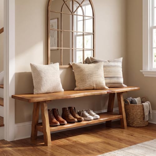 55-Inch Solid Wood Entryway Bench, Farmhouse Long End of Bed Bench with Live-...