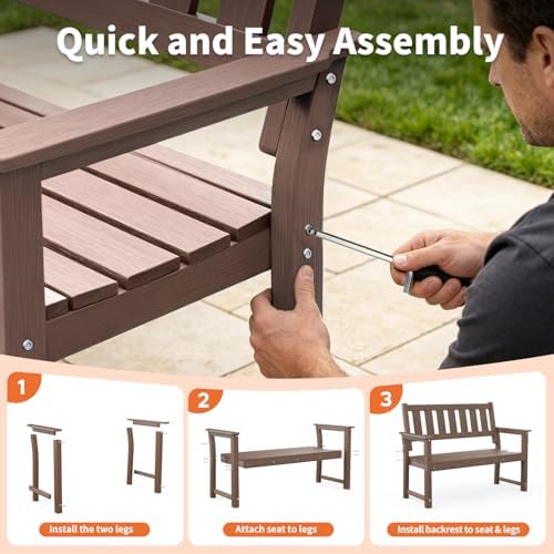 50" HDPE Outdoor Bench Weatherproof Patio Seating, Mocha Brown