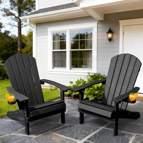 YEFU Adirondack Chair with Cup Holder, All-Weather Outdoor Chair, Black