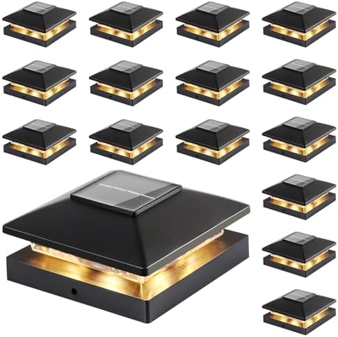 Solar Post Cap Lights Outdoor 16-Pack, Black Waterproof Solar Powered Deck Fe...