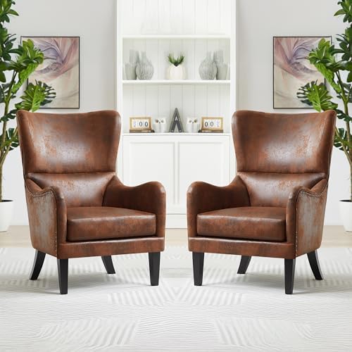 Mid-Century Modern Wingback Chairs Set of 2, Accent Club Chair with Nailhead ...