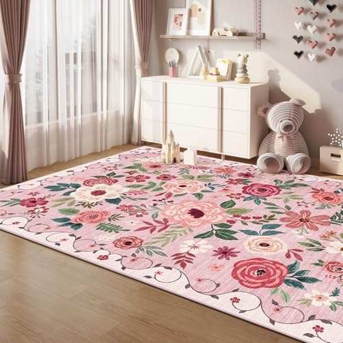 DUKINO 5x7 Area Rugs, Floral Washable Rug for Living Room Non Slip, Pink