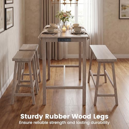 GIANTEX 4-Piece Counter Height Dining Table Set with Power Outlet, Solid Rubb...