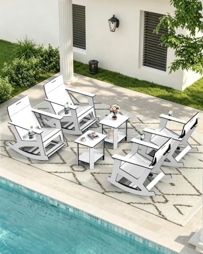 Ciokea Outdoor Rocking Chair with Pull-Out Footrest, Solid Backrest, White