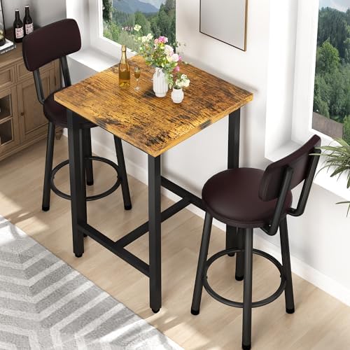 3 Piece Bar Table and Chairs Set for 2, Counter Height Square Pub Dining Set,...