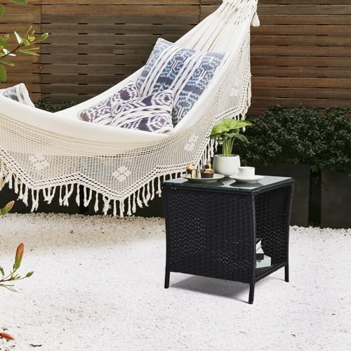 Wicker Rattan Side Table, Outdoor Square Rattan Coffee End Table with Tempere...