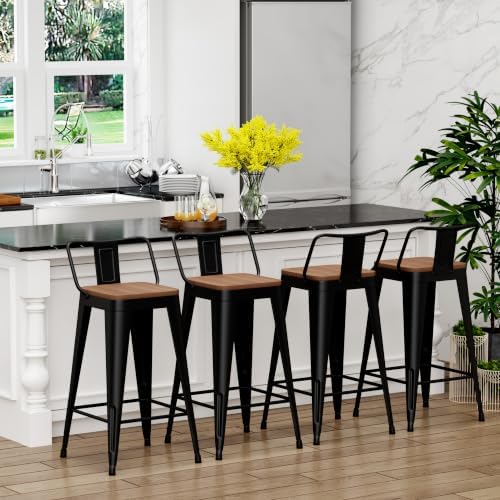 Yongchuang Metal Bar Stools Set of 4, 30" Black Bar Height Stools with Back