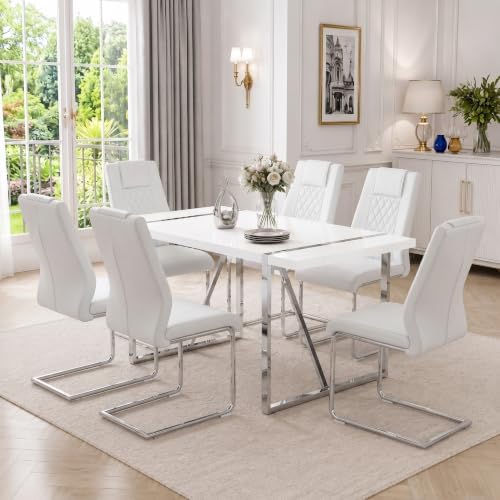 55‘’ White Dining Table Set for 6, Dining Tabletop and Silver Metal Frame, Re...