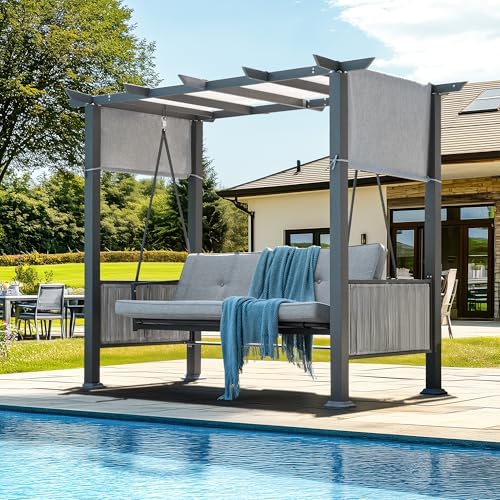 Pamapic 2-in-1 Convertible Porch Swing Bed, 3-Seat Elegant Patio Swing with W...