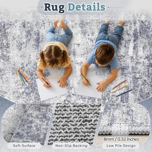 8x10 Area Rugs for Living Room: Washable Abstract Rug Blue Grey