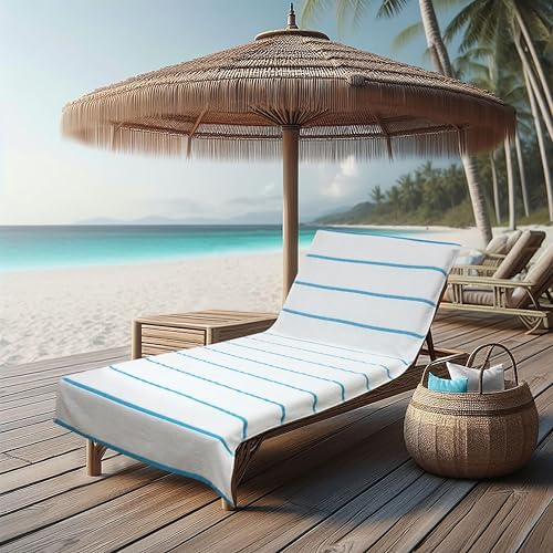 COTTON CRAFT Pool Lounge Chair Cover - 2 Pack Stripe Terry - White Aqua