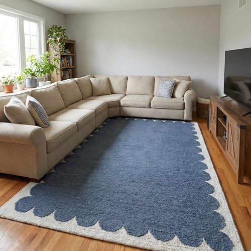 Hauteloom Kazuto Wool Living Room, Bedroom Area Rug - Scalloped Border Plain ...