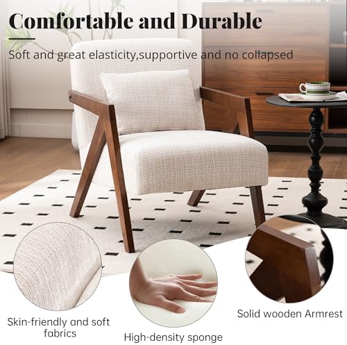 Mid-Century Modern Accent Chair with Solid Wood Frame,Upholstered Chenille Li...