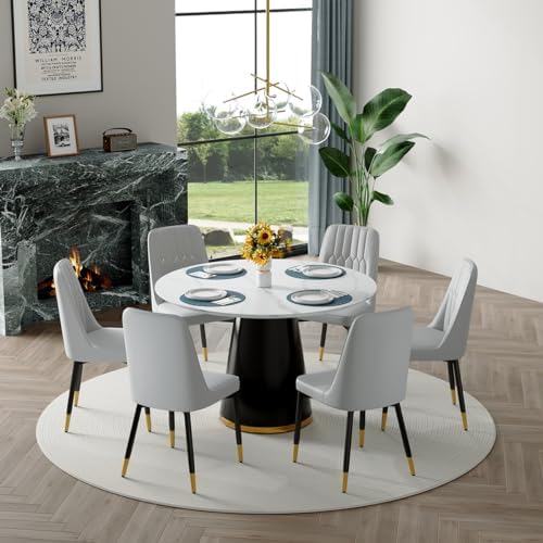 Round Dining Table Set for 6, 45" Round Wooden Dining Set with Cushioned...