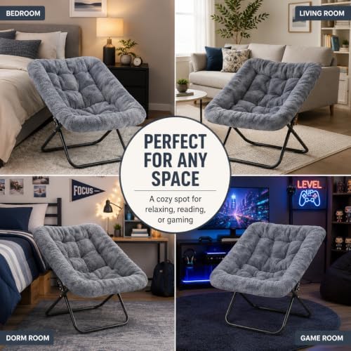 Simple Deluxe Oversized Square Moon Chair for Adults, Soft Faux Fur Folding L...