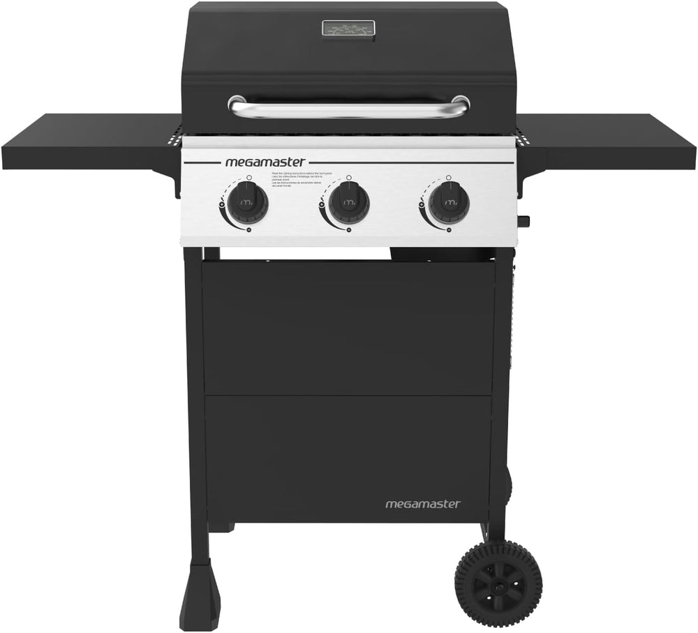 Megamaster Propane 3 Burner Gas Grill, Foldable Shelves with Warming Rack