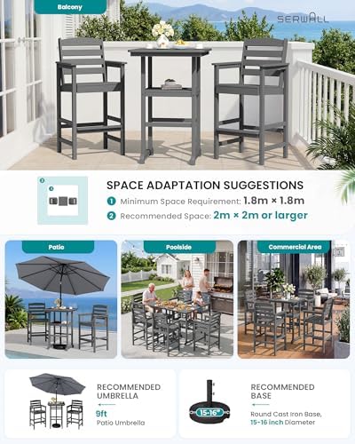 SERWALL 3 Pcs HDPE Bar Height Chairs and Double Layer Pub Table Set, Gray
