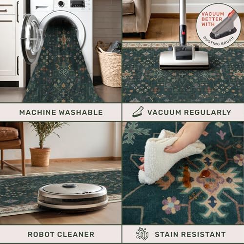 Hazo Haus Dark Green 2x6 Kitchen Rug - Modern Vintage Boho Eclectic Floral wi...