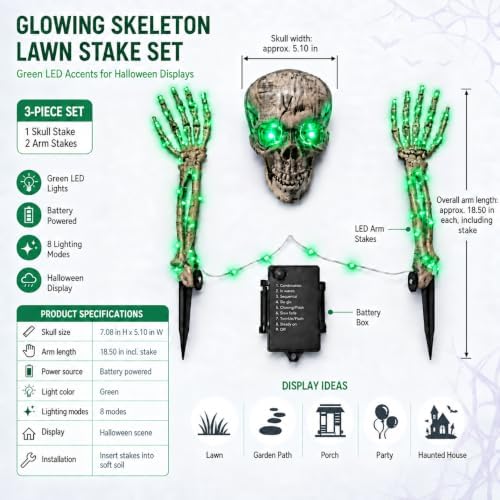 Halloween Decoration Outdoor, 3-Piece Green LED Skeleton Stake Set