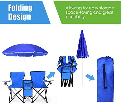 Goplus Double Camping Chair with Umbrella, Folding Loveseat Chairs w/Canopy S...