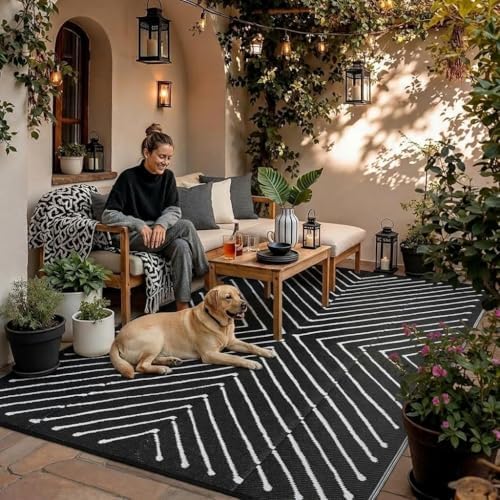 Garvee 5x8 Black and White Striped Outdoor Waterproof Rug Reversible Plastic ...