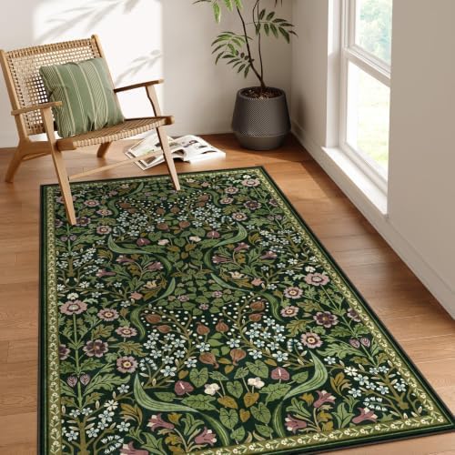 Moynesa Floral Green 4x6 Rug, Boho Washable Rugs for Living Room, Non Slip So...