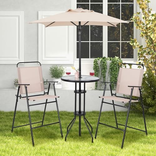 GIANTEX 4-Piece Outdoor Bar Set, Round High Top Bar Table with 2 Folding Coun...