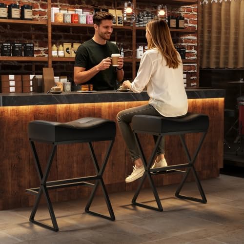 Counter Height Bar Stools Set of 3, Backless 26" Saddle Barstools, Black
