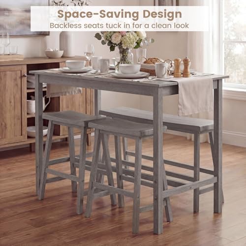 GIANTEX 4-Piece Counter Height Dining Table Set with Power Outlet, Solid Rubb...