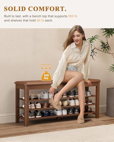 IUNVR Shoe Rack Bench Seat Rubberwood 3-Tier Wooden Storage Bench 550lbs Comp...