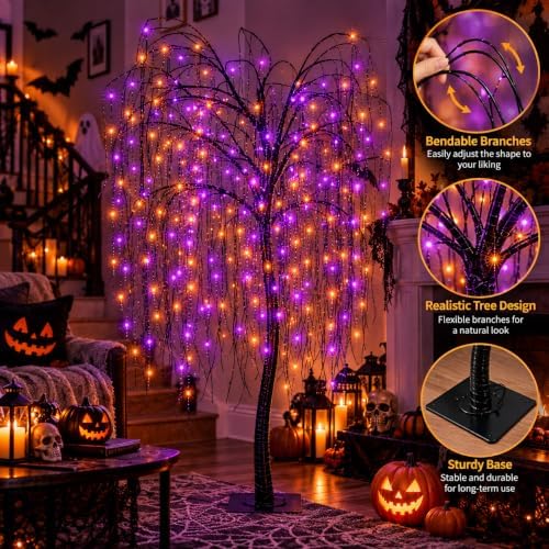 LIGHTSHARE 7 Feet Halloween Willow Tree, 256 LED Lights for Home, Festival, N...