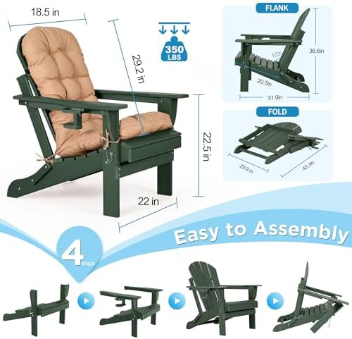 nalone Folding Adirondack Chairs Set of 2 with Cushion with Cup Holder, HDPE ...