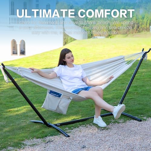 PNAEUT Double Hammock with Stand for Outside, Heavy-Duty, Portable (Beige)