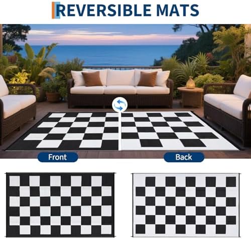 GarveeHome Outdoor Rug 5 x 8 Waterproof Modern Checkboard Plastic Straw Rug